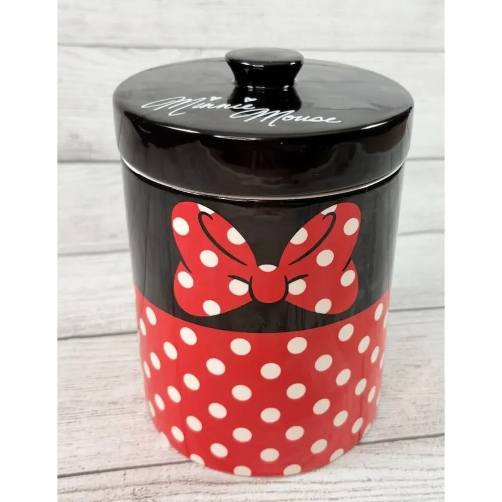 Disney Minnie Mouse Ceramic Cookie Jar Canister Red White Polka Dots Black 7”